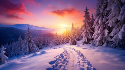 Amazing sunrise in the mountains. Sunset winter landscape with snow-covered pine trees in violet...