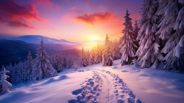 Amazing sunrise in the mountains. Sunset winter landscape with snow-covered pine trees in violet and pink colors. Generative Ai