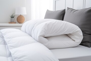 a fluffed-up pillow and a folded duvet on a neat bed