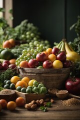 A vibrant arrangement of fruits and vegetables on a rustic wooden table