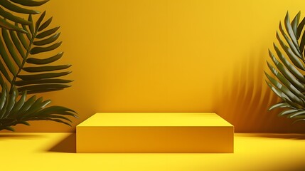 Yellow background studio interior room with tropical palm shadow. Minimalist summer product stage platform mock up.
