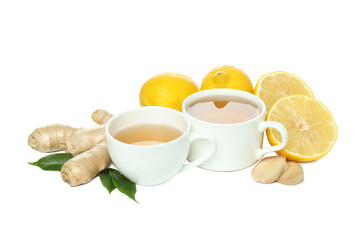 PNG, Cups of tea, ginger and lemon, isolated on white background