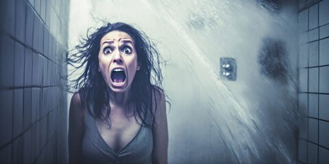 Startling image of a terrified woman experiencing a chilling surprise in the shower. - obrazy, fototapety, plakaty
