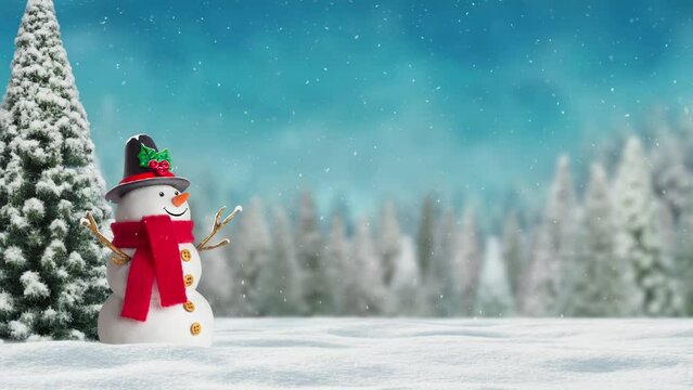 Snowman in winter scenery, Christmas background