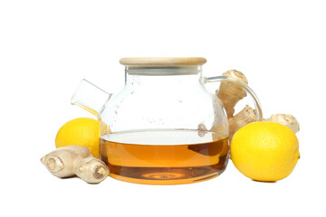 PNG, teapot with tea, lemon and ginger, isolated on white background