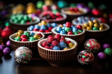 Fototapeta na wymiar christmas themed chocolate candies in decorative bowls