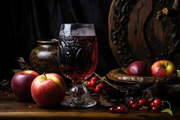dark cider in a crystal clear glass surrounded by apples