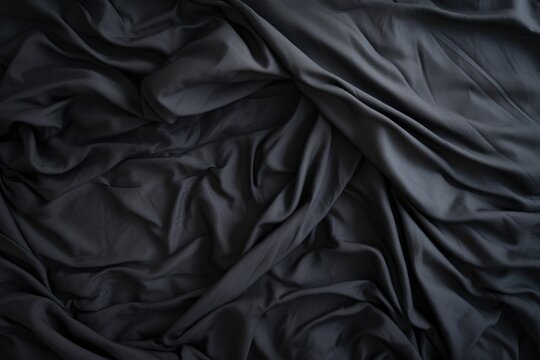 Top view of an unmade black bed with a crumpled sheet