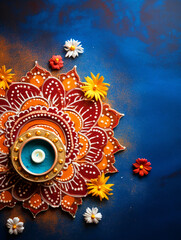 Happy Diwali background with beautiful Diya and colorful rangoli top view - ai generative - obrazy, fototapety, plakaty