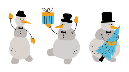 Set of cute snowmen, gift box and Christmas tree. Hand drawn flat vector illustration. Winter holiday decor. Doodle collection childish design elements for greeting card making.