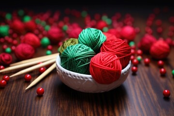 red and green yarn balls near knitting needles