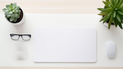 Minimalist mousepad mockup with pad, mouse, keyboard, and a potted succulent on a white wooden office desk, modern minimal workspace template for your product or design