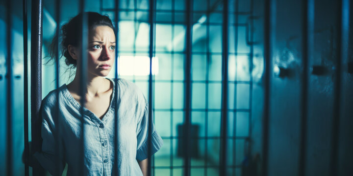 Haunting image of a woman behind bars in a female prison.