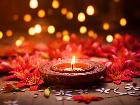 Happy Diwali background with beautiful Diya and flowers - ai generative