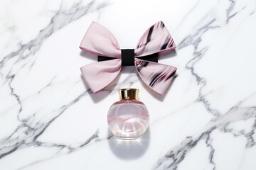top view of a bow tie and a perfume bottle placed on a white marble surface