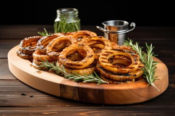 grilled onion rings on a rustic wooden platter, garnished with rosemary