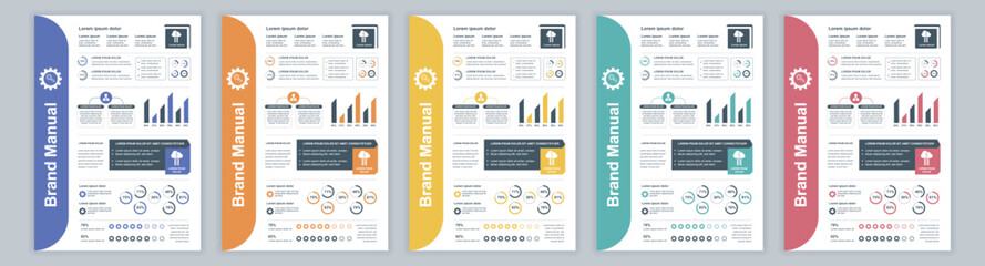 DIN A3 business brand manual templates set. Company identity brochure page with infographic financial data. Marketing research, and commercial offer. Vector layout design for poster, cover, brochure - obrazy, fototapety, plakaty