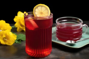 hibiscus tea cup with a lemon slice on the rim, positioned on a glass table