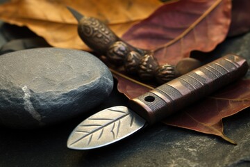 close-up view of a pocket knife and a round sharpening stone