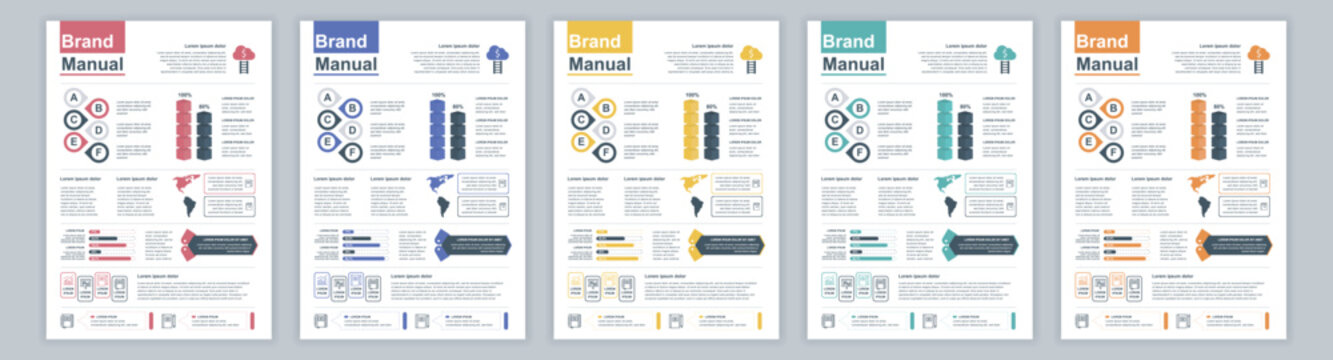 DIN A3 business brand manual templates set. Company identity brochure page with infographic financial data. Marketing research, and commercial offer. Vector layout design for poster, cover, brochure