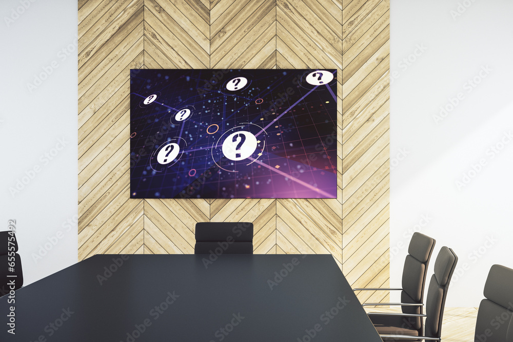 Aufkleber Creative abstract question mark hologram on tv display in a modern presentation room, future technology concept. 3D Rendering