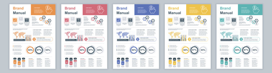 DIN A3 business brand manual templates set. Company identity brochure page with infographic financial data. Marketing research, and commercial offer. Vector layout design for poster, cover, brochure