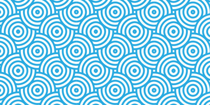 Seamless geometric ocean spiral pattern and abstract circle wave lines. blue seamless tile stripe geomatics overlapping create retro square line backdrop pattern background. Overlapping Pattern. © MdLothfor