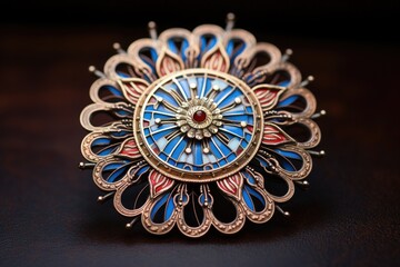 close-up of an enamel brooch with intricate design