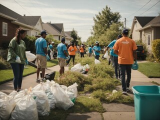 Organize a neighborhood cleanup event. Gather volunteers to pick up litter, trim bushes, and make common areas more inviting for everyone. - obrazy, fototapety, plakaty