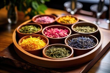 bowls of colorful tea leaves on a bamboo tray