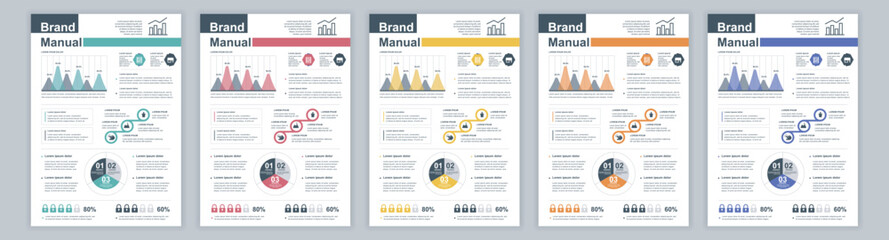 DIN A3 business brand manual templates set. Company identity brochure page with infographic financial data. Marketing research, and commercial offer. Vector layout design for poster, cover, brochure