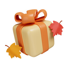 3d Autumn gift box. Golden fall. Season decoration. icon isolated on gray background. 3d rendering illustration. Clipping path. © MeepianGraphic