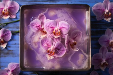 an overhead shot of an orchid flower in a bowl of water, surrounded by soap bars