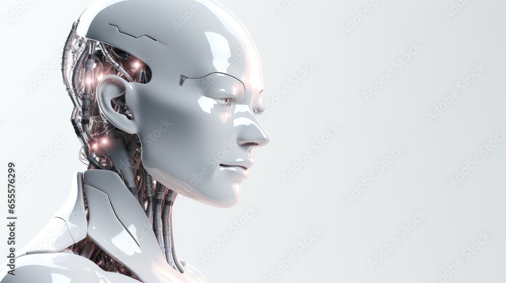 Poster white glossy android robot or cyborg head artificial intelligence with light white copyspace from ne