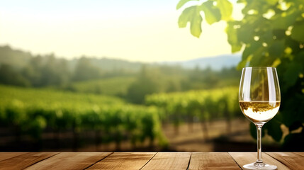 A glass of wine against the backdrop of a landscape with vineyards in sunlight.