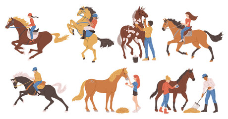 Set of people and horses flat style, vector illustration