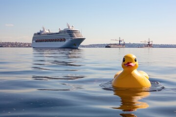 rubber duck on the water with a cruise ship in the distance