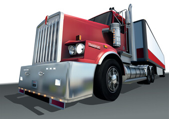 Red American Truck Kenworth T659 with Trailer - Colored and Detailed Illustration, Vector