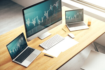 Abstract creative financial graph on modern laptop screen, forex and investment concept. 3D Rendering