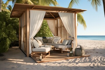 Fototapeta na wymiar private beach cabana with lounge chairs and champagne