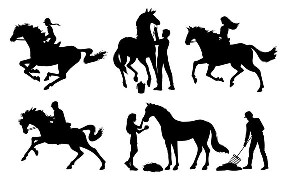 Set of people caring for horses black silhouettes flat style, vector illustration