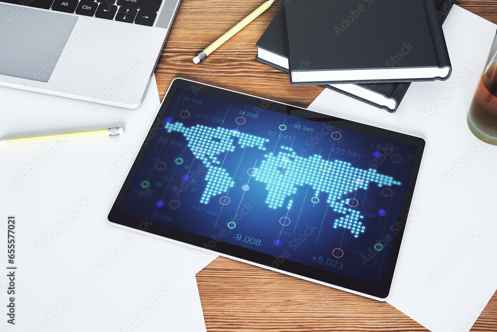 Poster modern digital tablet display with abstract creative world map, globalization concept. top view. 3d 