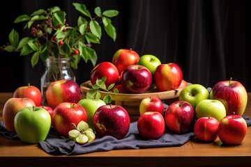 a variety of apples in different colors displayed on a table