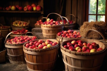 Fototapeta na wymiar high-angle view of bushel baskets filled with apples