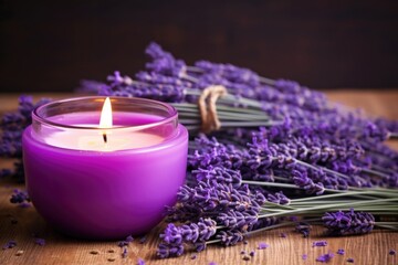 Obraz na płótnie Canvas bowl of lavender buds next to a purple candle