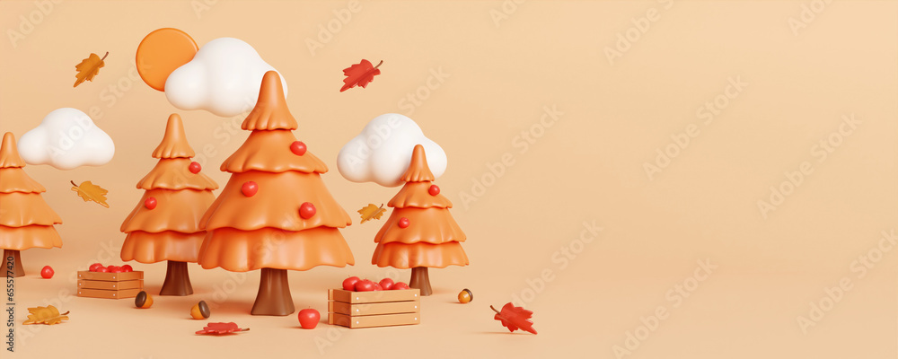 Poster autumn display background with pine tree, autumn leaves and empty minimal podium pedestal product di