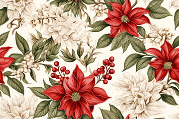 Seamless Christmas pattern with pink and red poinsettia, holly, mistletoe and berries. Floral tile