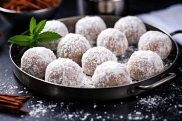 Fototapeta na wymiar a batch of baked snowball truffles on a metal tray