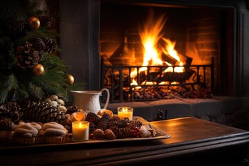 yule log burning in a stone fireplace