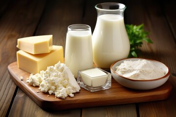 fat-free dairy products on a polished wooden table